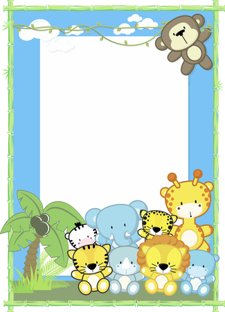 cute baby animals, jungle plants and bamboo frame, children's designのイラスト素材