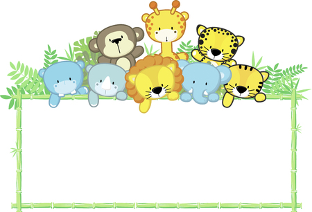 cute baby animals, jungle plants and bamboo frame, children's designのイラスト素材