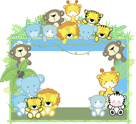 cute baby animals, jungle plants and bamboo frame, children's designのイラスト素材