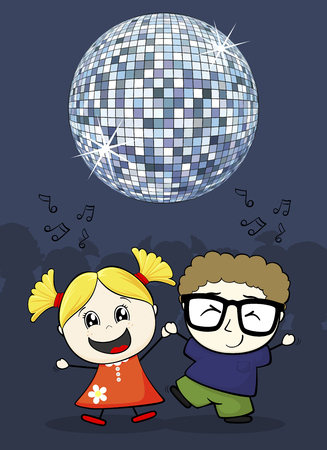 Cartoon illustration of cute little couple dancing with disco ball on topのイラスト素材