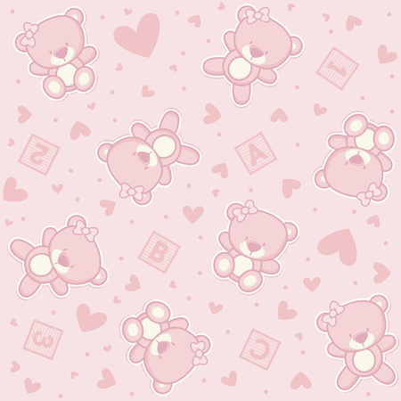 Cute teddy bear seamless background with hearts and alphabetical cubes.のイラスト素材