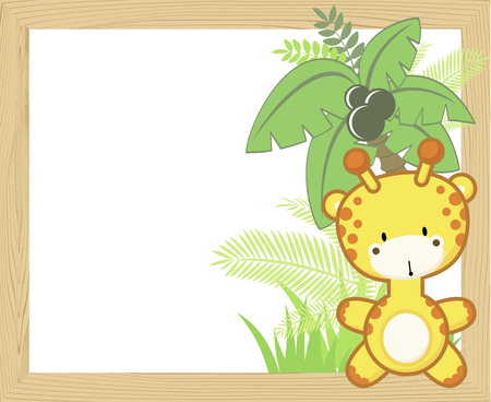 Cute baby giraffe with tropical leaves and palm tree on empty wood frame.のイラスト素材