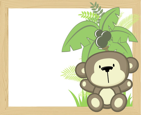 Cute baby monkey with tropical leaves and palm tree on empty wood frame.のイラスト素材