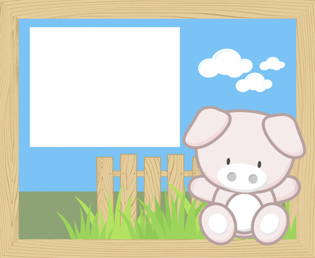 Wood frame with cute baby piggy and blank board.のイラスト素材