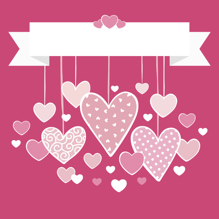 Valentine's day card background with hanging hearts and top blank ribbon banner for your textのイラスト素材