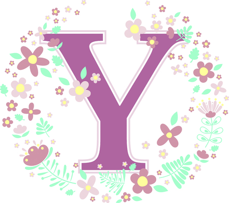 initial letter y with decorative flowers and design elements isolated on white background. can be used for baby name, nursery decoration, spring themes or wedding invitation.のイラスト素材