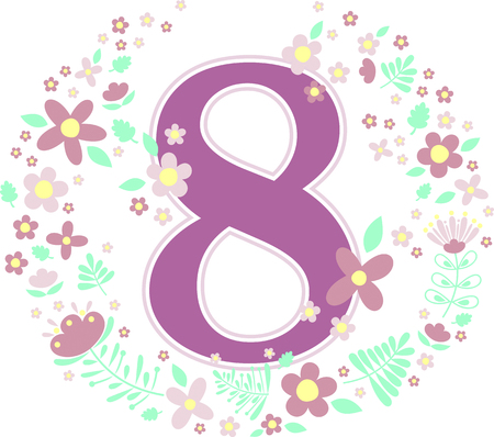 number 8 with decorative flowers and design elements isolated on white background. can be used for baby girl birth,age,birthday, nursery decoration, spring themes or anniversary invitationのイラスト素材