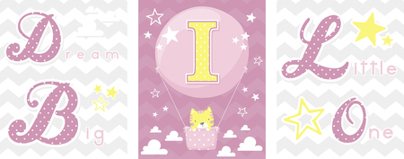 posters set of dream big little one slogan with baby cat and balloon with initial i. can be used for nursery art decor, newborn baby decoration and baby showerのイラスト素材