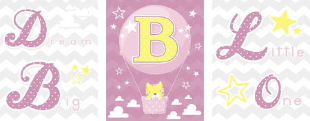 posters set of dream big little one slogan with baby cat and balloon with initial b. can be used for nursery art decor, newborn baby decoration and baby showerのイラスト素材