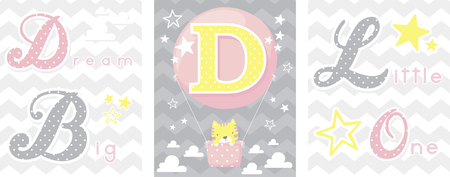 posters set of dream big little one slogan with baby cat and balloon with initial d. can be used for nursery art decor, newborn baby decoration and baby showerのイラスト素材