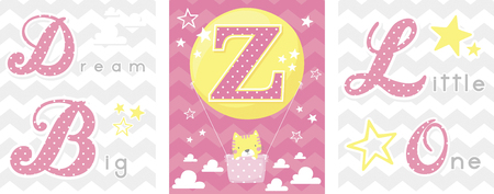 posters set of dream big little one slogan with baby cat and balloon with initial z. can be used for nursery art decor, newborn baby decoration and baby showerのイラスト素材