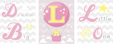 posters set of dream big little one slogan with baby cat and balloon with initial l. can be used for nursery art decor, newborn baby decoration and baby showerのイラスト素材