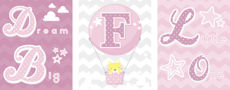 posters set of dream big little one slogan with baby cat and balloon with initial f. can be used for nursery art decor, newborn baby decoration and baby showerのイラスト素材