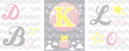 posters set of dream big little one slogan with baby cat and balloon with initial k. can be used for nursery art decor, newborn baby decoration and baby showerのイラスト素材