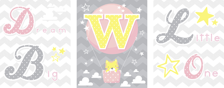 posters set of dream big little one slogan with baby cat and balloon with initial w. can be used for nursery art decor, newborn baby decoration and baby showerのイラスト素材