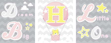 posters set of dream big little one slogan with baby cat and balloon with initial h. can be used for nursery art decor, newborn baby decoration and baby showerのイラスト素材