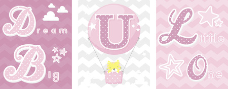 posters set of dream big little one slogan with baby cat and balloon with initial u. can be used for nursery art decor, newborn baby decoration and baby showerのイラスト素材
