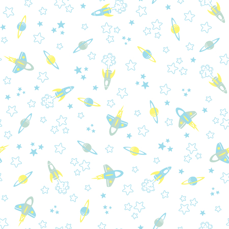 seamless pattern with spaceships, planets and stars on white background, design for childrenのイラスト素材