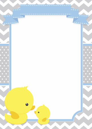 Baby shower invitation with cute duck mom and baby ducky on chevron pattern and polka dots backgroundのイラスト素材