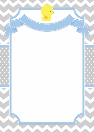 Cute baby shower card or invitation with little baby rubber duck on chevron pattern and polka dots backgroundのイラスト素材