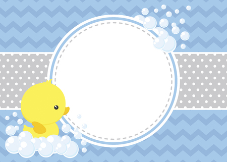 Cute baby shower card with little baby rubber duck and bubbles on chevron pattern and polka dots backgroundのイラスト素材