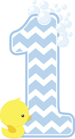 Number 1 with bubbles and little baby rubber duck isolated on white background.のイラスト素材