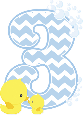 Number 3 with bubbles and little baby rubber duck isolated on white background.のイラスト素材