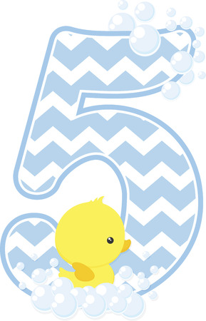 Number 5 with bubbles and little baby rubber duck isolated on white background.のイラスト素材