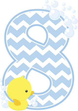 Number 8 with bubbles and little baby rubber duck isolated on white background.のイラスト素材