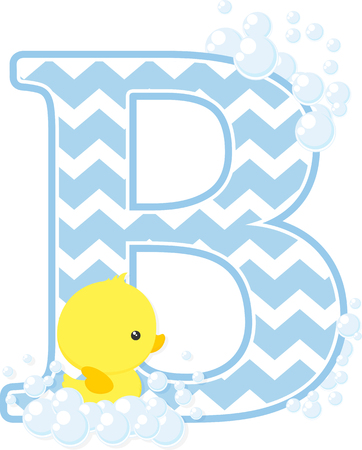 Initial B with bubbles and little baby rubber duck isolated on white backdrop.のイラスト素材