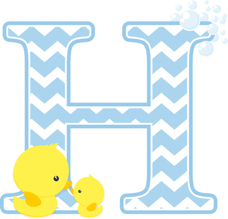 initial h with bubbles and little baby rubber duck isolated on white background.のイラスト素材