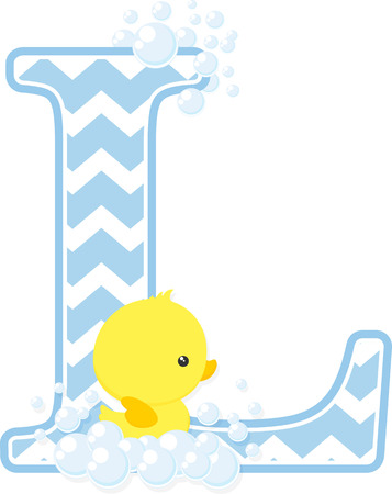 initial l with bubbles and little baby rubber duck isolated on white background.のイラスト素材