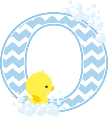 initial o with bubbles and little baby rubber duck isolated on white background.のイラスト素材