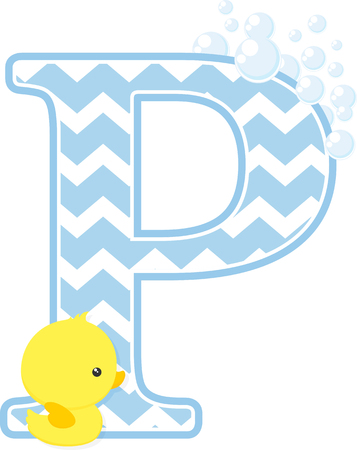 initial p with bubbles and little baby rubber duck isolated on white background.のイラスト素材