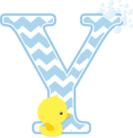 Initial Y with bubbles and little baby rubber duck isolated on white backdrop.のイラスト素材