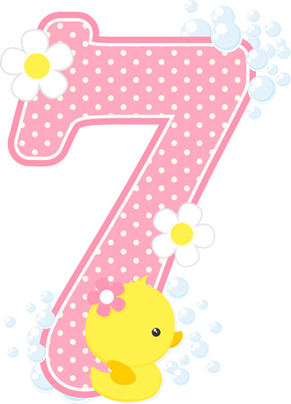 Dotted pink number 7 with bubbles, flowers and cute rubber duck isolated on white backgroundのイラスト素材