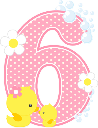 Number 6 with bubbles and cute rubber duck isolated on white. can be used for baby girl birth announcements, nursery decoration, party theme or birthday invitation. Design for baby girlのイラスト素材