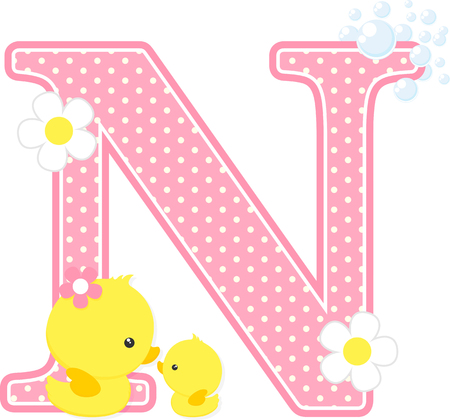 Pink dotted letter N initial with flowers and bubbles designのイラスト素材