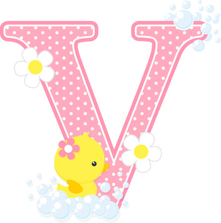 Pink dotted letter V initial with bubbles and flowersのイラスト素材