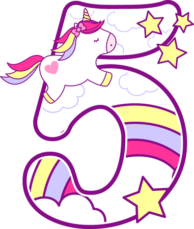 Number 5 with cute unicorn and rainbow. can be used for baby birth announcements, nursery decoration, party theme or birthday invitation. Design for baby and childrenのイラスト素材