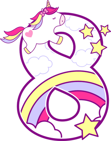 Number 8 with cute unicorn and rainbow. can be used for baby birth announcements, nursery decoration, party theme or birthday invitation. Design for baby and childrenのイラスト素材