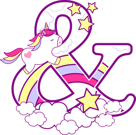 Initial ampersand with cute unicorn and rainbow. can be used for baby birth announcements, nursery decoration, party theme or birthday invitation. Design for baby and childrenのイラスト素材