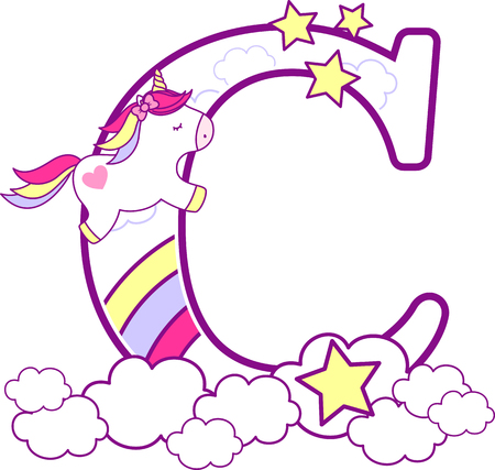 Initial c with cute unicorn and rainbow. can be used for baby birth announcements, nursery decoration, party theme or birthday invitation. Design for baby and childrenのイラスト素材