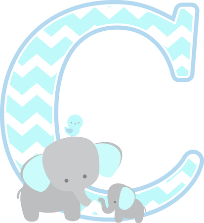initial c with cute elephant and little baby elephant isolated on white background. can be used for father's day card, baby boy birth announcements, nursery decoration, party theme or birthday invitationのイラスト素材