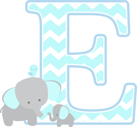 initial e with cute elephant and little baby elephant isolated on white background. can be used for father's day card, baby boy birth announcements, nursery decoration, party theme or birthday invitationのイラスト素材