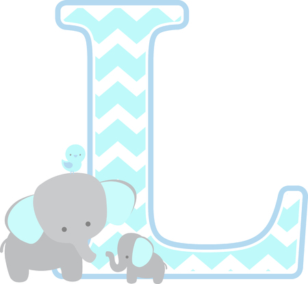 initial l with cute elephant and little baby elephant isolated on white background. can be used for father's day card, baby boy birth announcements, nursery decoration, party theme or birthday invitationのイラスト素材
