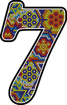 number 7 with colorful dots abstract design with mexican huichol art style isolated on white backgroundのイラスト素材