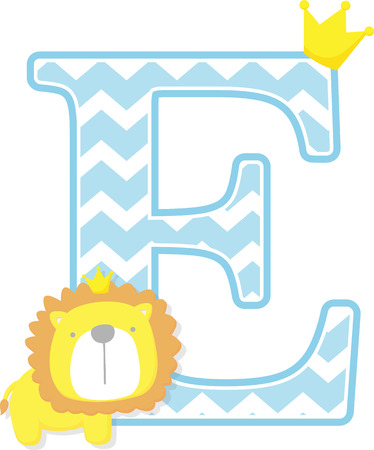 initial e with cute little lion king with golden crown isolated on white background. can be used for father's day card, baby boy birth announcements, nursery decoration, party theme or birthday invitationのイラスト素材
