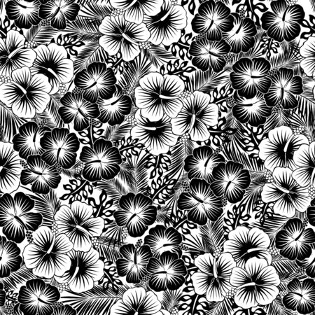 seamless pattern of hibiscus flowers and tropical leaves in black and whiteのイラスト素材