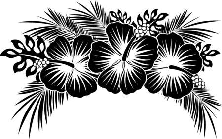 hibiscus flowers with tropical leaves in black and whiteのイラスト素材
